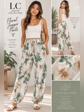 Lizette Collection Floral Jogger Pants Size M White Green